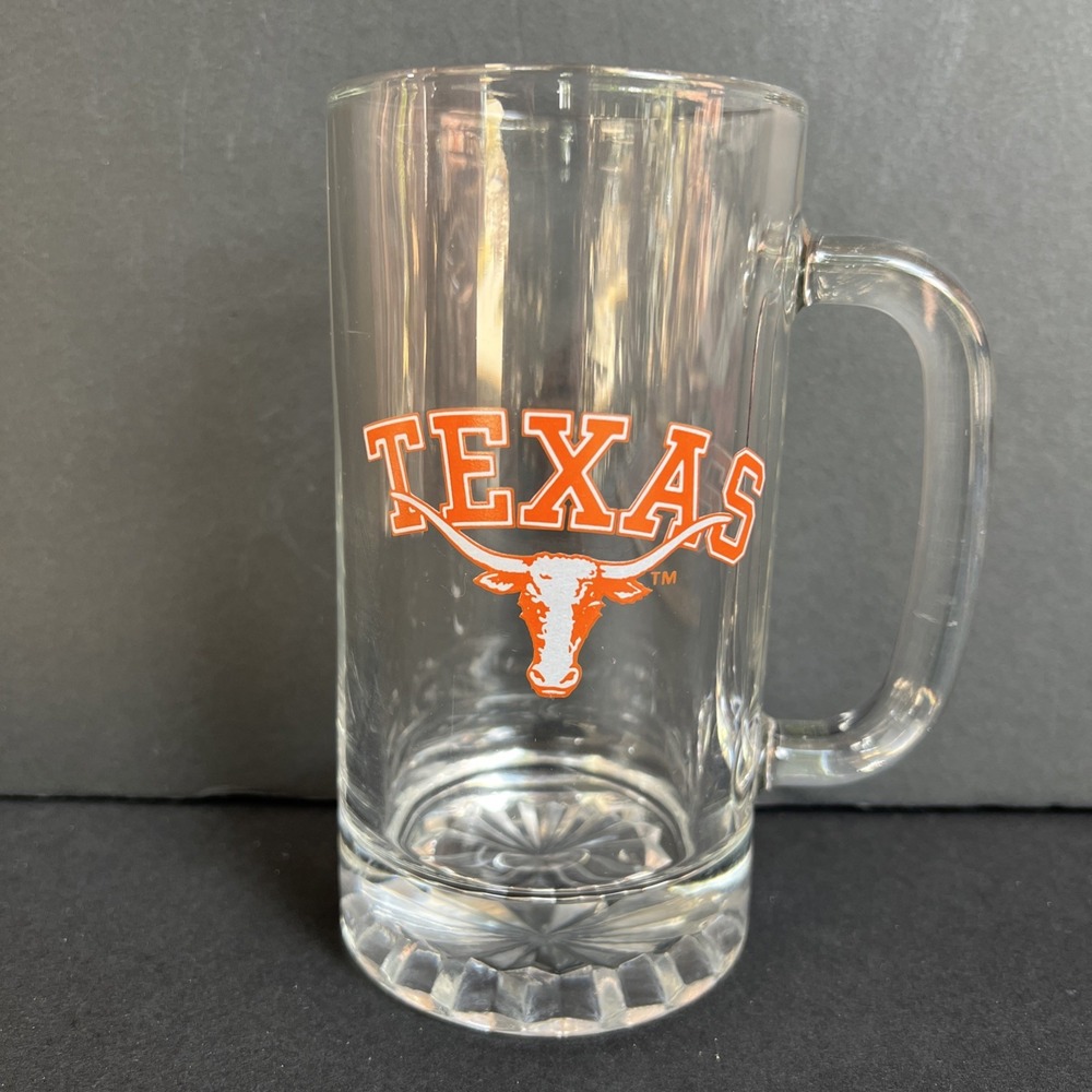 VTG Texas Longhorns UT Beer Mug 14 Oz 6" Glass Logo Handled Heavy Mug EUC